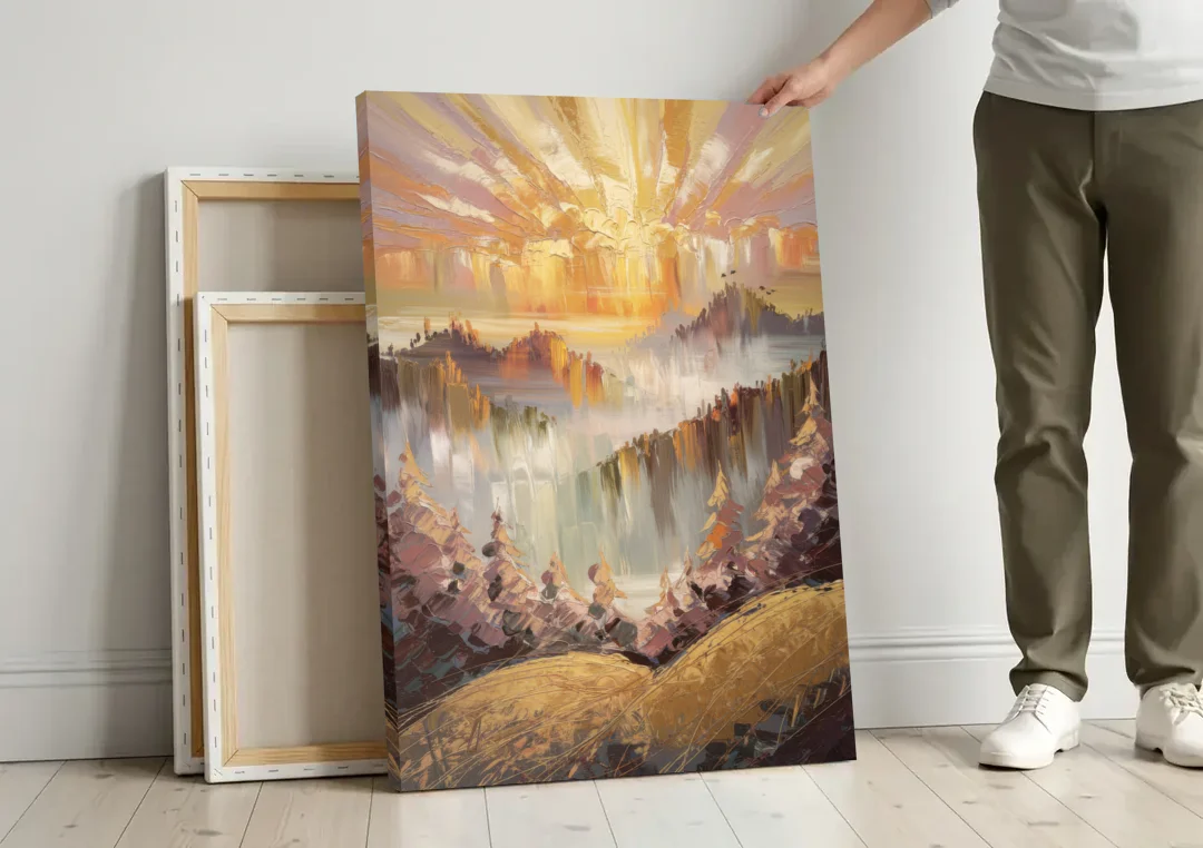 Gatlinburg Sunrise Over Mountains canvas wall art leaning against a wall next to blank canvases