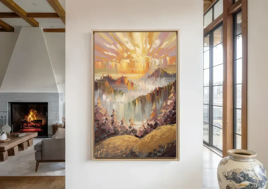 Gatlinburg Sunrise Over Mountains canvas wall art in a living room with a fireplace