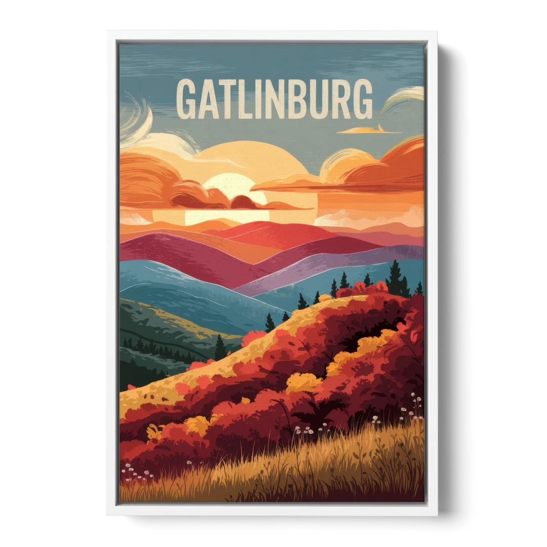 Gatlinburg Sunset Over Hills - White Framed Canvas Wall Art - Front