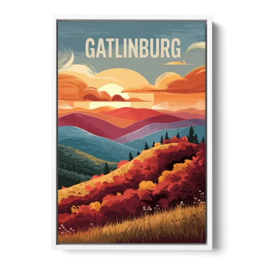 Gatlinburg Sunset Over Hills - White Framed Canvas Wall Art - Front