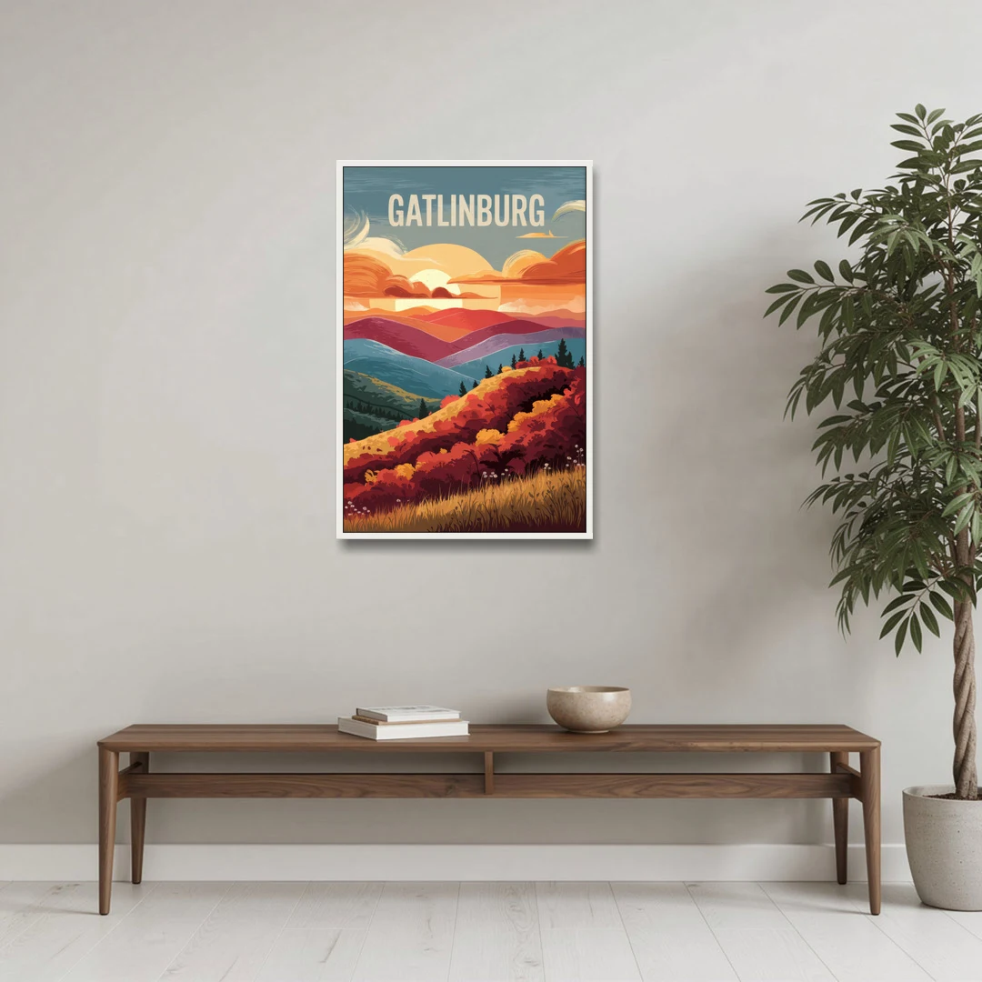 Gatlinburg Sunset Over Hills - White Framed Canvas Wall Art - Coffee Table - 24x36