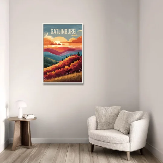 Gatlinburg Sunset Over Hills - White Framed Canvas Wall Art - Sofa - 24x36