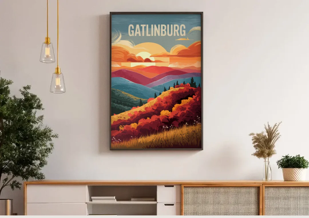 Gatlinburg Sunset Over Hills canvas wall art above a wooden sideboard under pendant lights