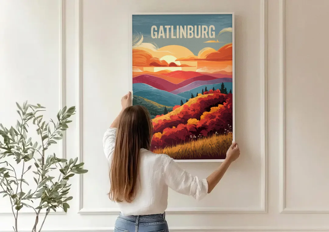 Gatlinburg Sunset Over Hills canvas wall art being hung on a paneled wall