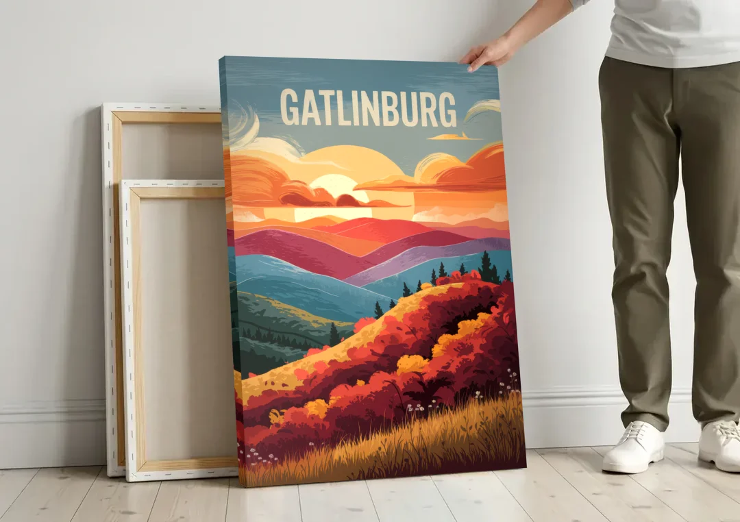 Gatlinburg Sunset Over Hills canvas wall art leaning against a wall next to blank canvases