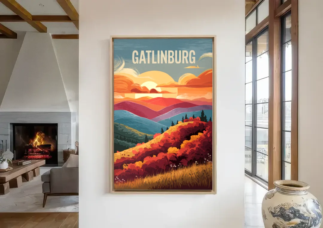 Gatlinburg Sunset Over Hills canvas wall art in a living room with a fireplace