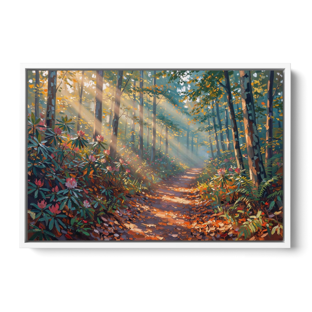 Gatlinburg Trail Through The Forest - White Framed Canvas Wall Art - Front