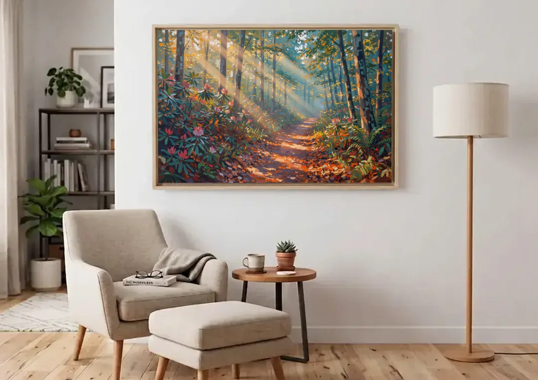 Gatlinburg Trail Through The Forest canvas wall art above an armchair in a bright living room