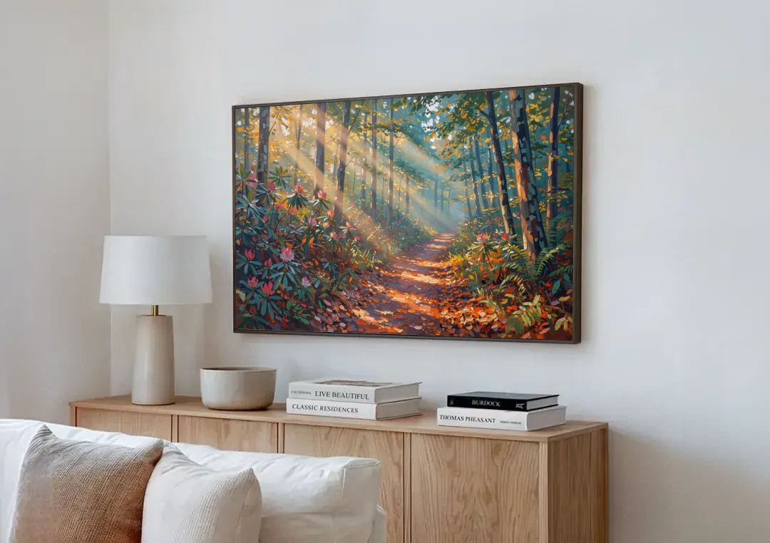 Gatlinburg Trail Through The Forest canvas wall art above a wooden sideboard next to a sofa