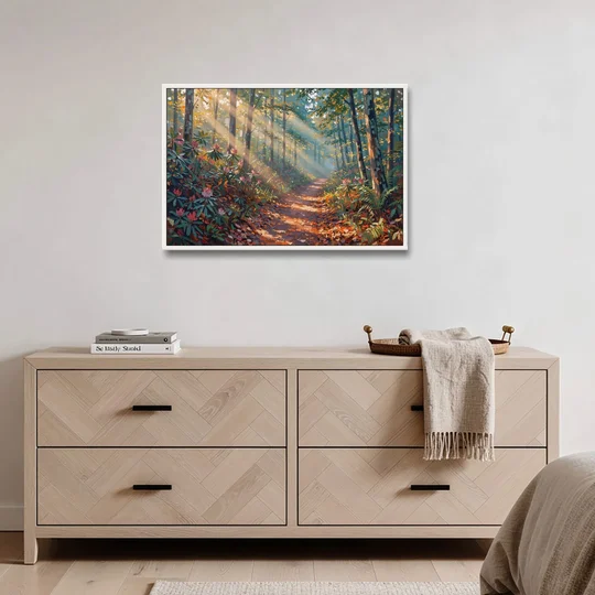 Gatlinburg Trail Through The Forest - White Framed Canvas Wall Art - Coffee Table - 36x24
