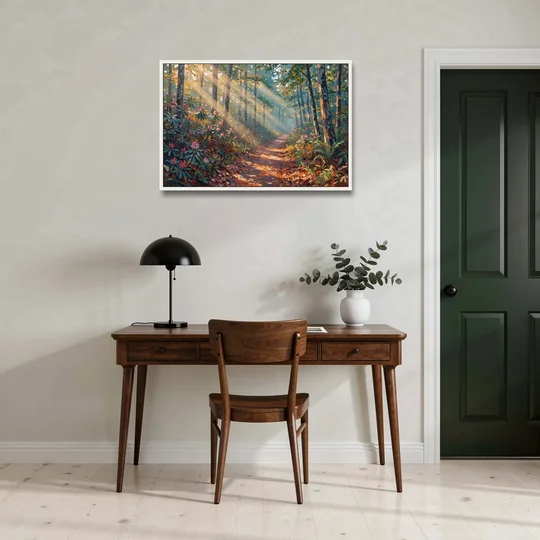 Gatlinburg Trail Through The Forest - White Framed Canvas Wall Art - Office - 36x24