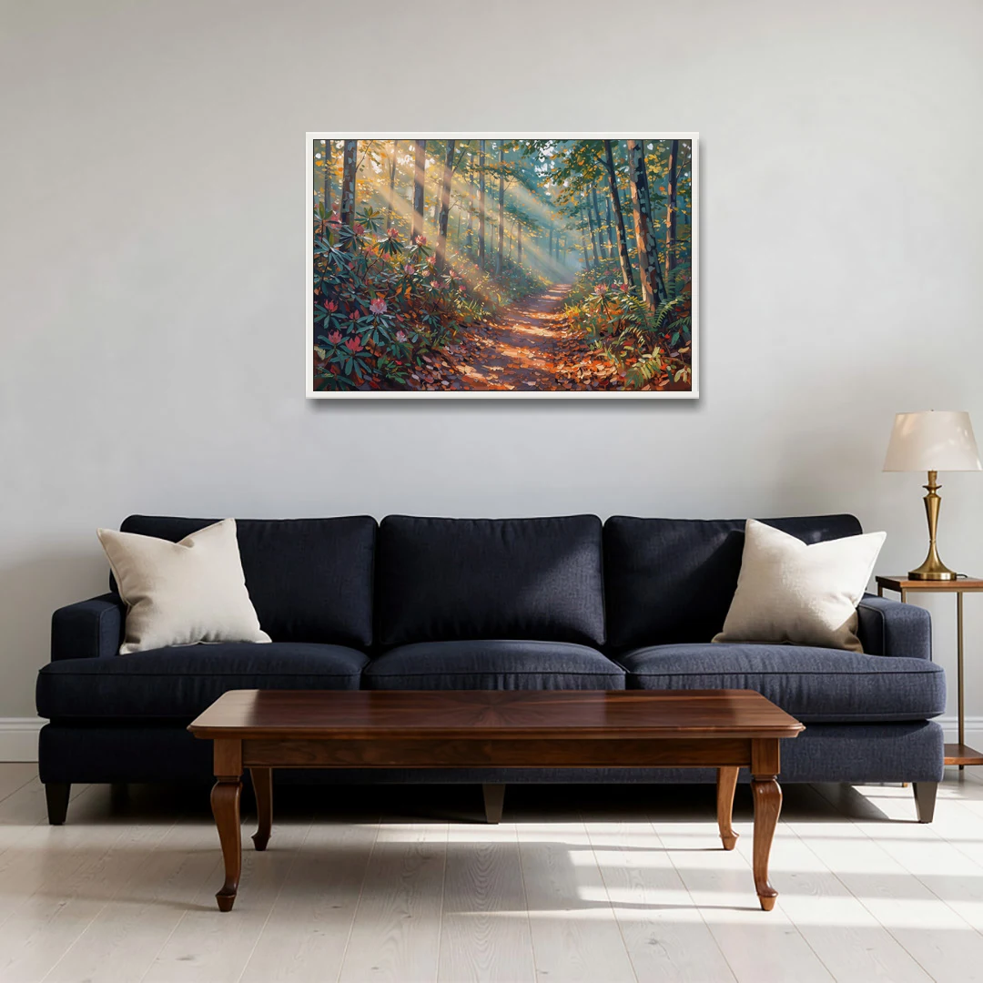 Gatlinburg Trail Through The Forest - White Framed Canvas Wall Art - Sofa - 36x24