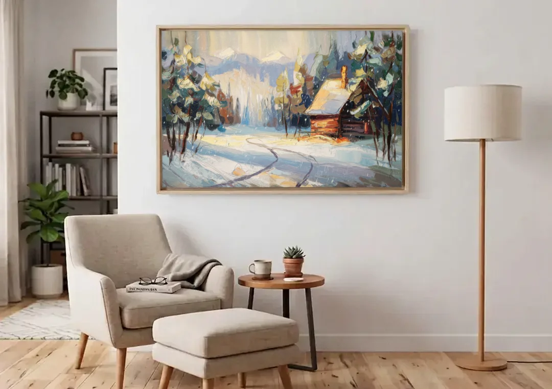 Gatlinburg Winter Wonderland canvas wall art above an armchair in a bright living room