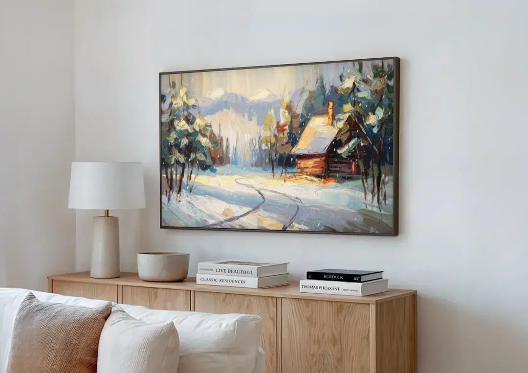 Gatlinburg Winter Wonderland canvas wall art above a wooden sideboard next to a sofa
