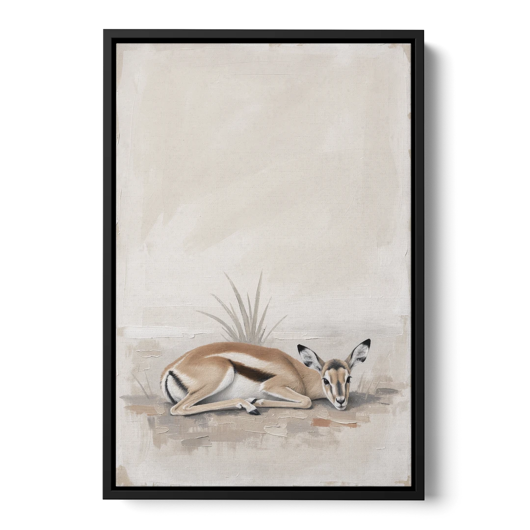 Gazelle Fawn Lying Low in Hiding - Black Framed Canvas Wall Art - Front
