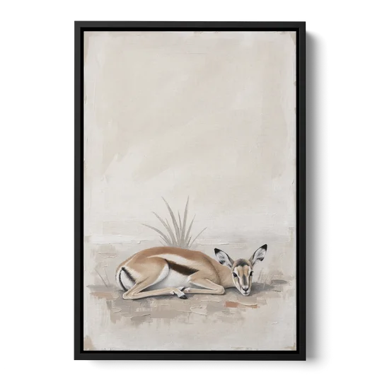 Gazelle Fawn Lying Low in Hiding - Black Framed Canvas Wall Art - Front