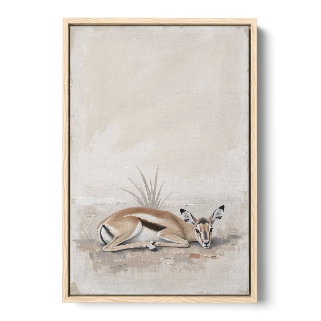 Gazelle Fawn Lying Low in Hiding - Oak Framed Canvas Wall Art - Front