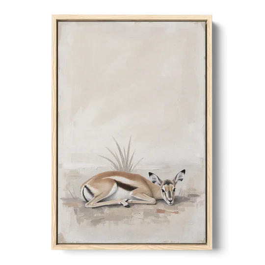 Gazelle Fawn Lying Low in Hiding - Oak Framed Canvas Wall Art - Front