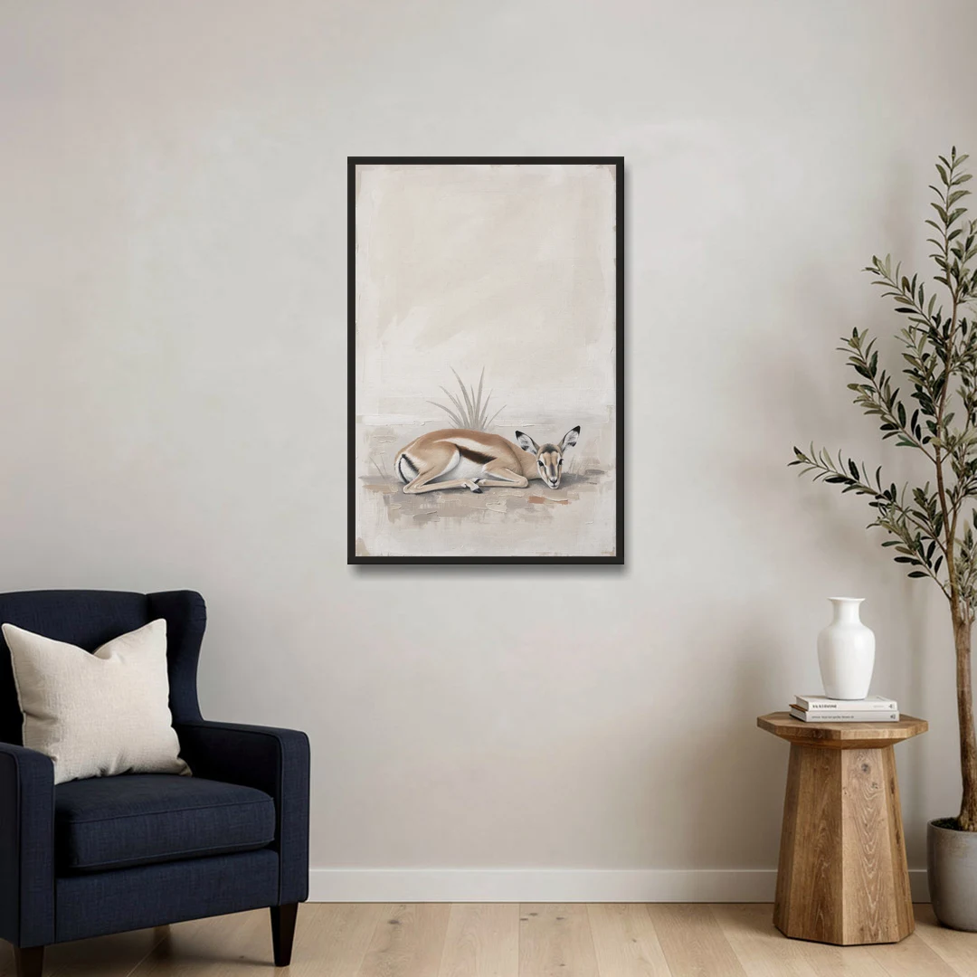 Gazelle Fawn Lying Low in Hiding - Black Framed Canvas Wall Art - Sofa - 24x36