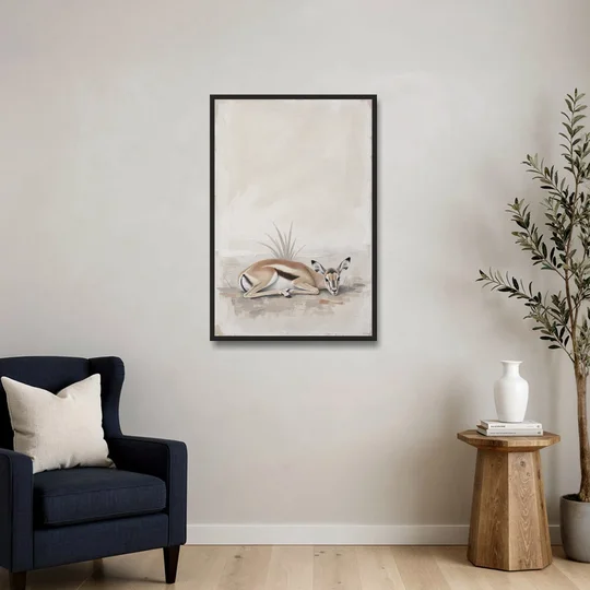 Gazelle Fawn Lying Low in Hiding - Black Framed Canvas Wall Art - Sofa - 24x36