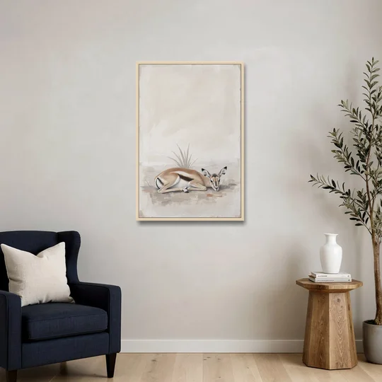 Gazelle Fawn Lying Low in Hiding - Oak Framed Canvas Wall Art - Sofa - 24x36