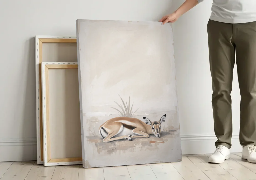 Gazelle Fawn Lying Low in Hiding canvas wall art leaning against a wall next to blank canvases
