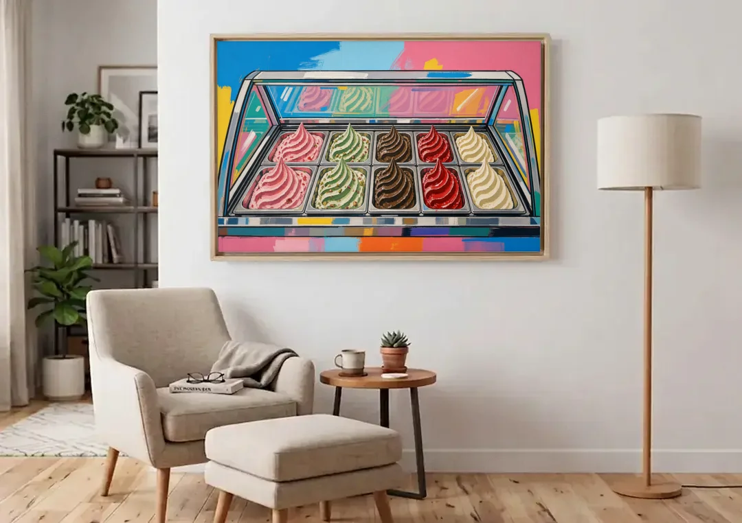 Gelato Painting of a Glass Display Case canvas wall art above an armchair in a bright living room