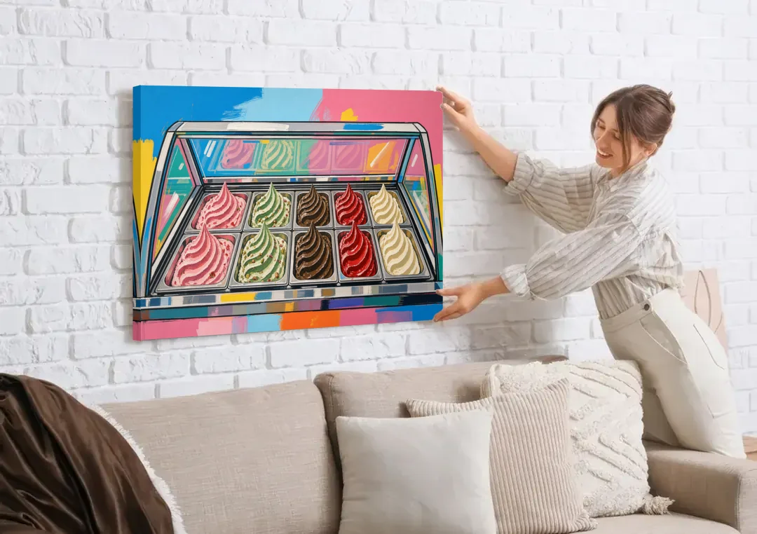 Gelato Painting of a Glass Display Case canvas wall art being hung on a white brick wall above a sofa