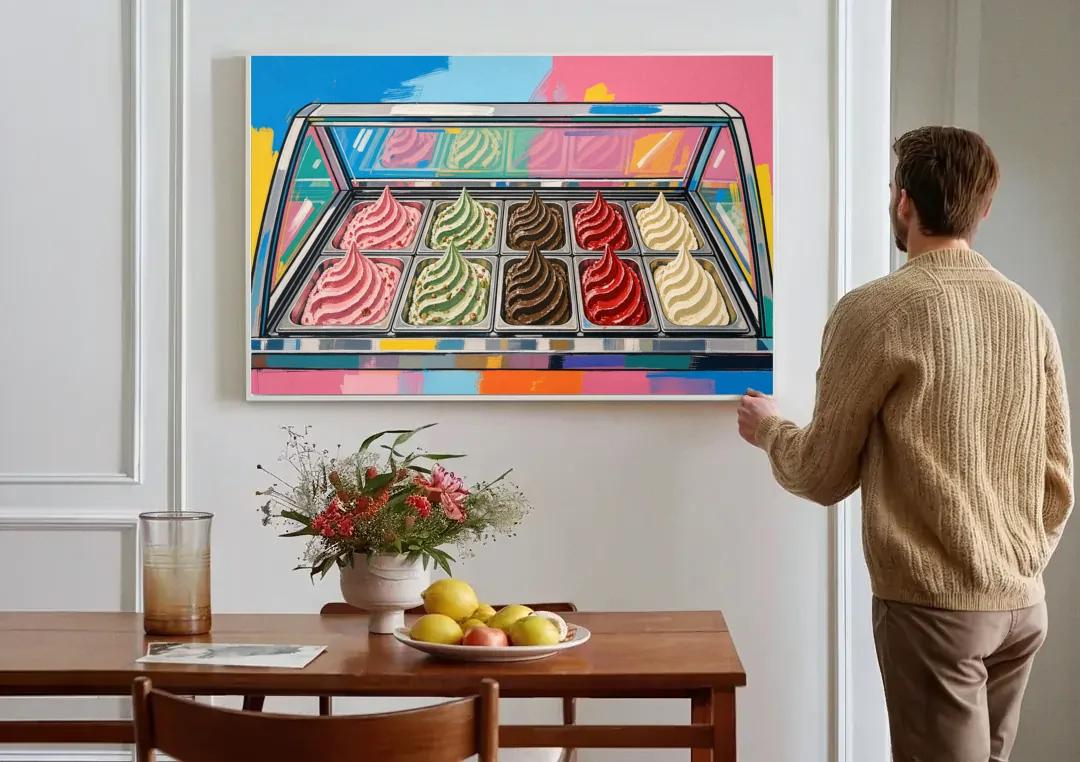 Gelato Painting of a Glass Display Case canvas wall art above a dining table