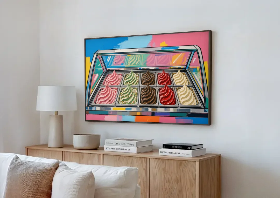 Gelato Painting of a Glass Display Case canvas wall art above a wooden sideboard next to a sofa