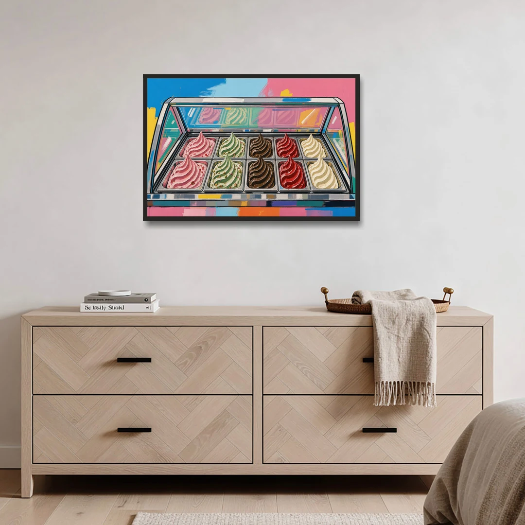 Gelato Painting of a Glass Display Case - Black Framed Canvas Wall Art - Coffee Table - 36x24