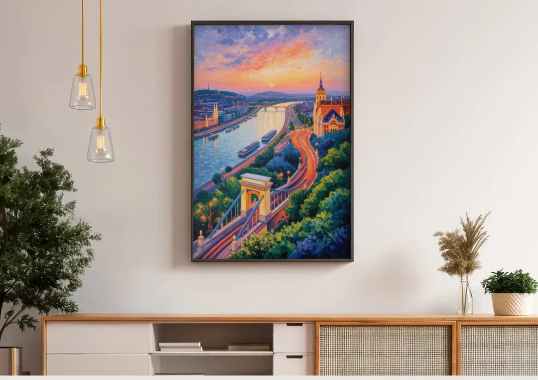 Gellért Hill Sunset canvas wall art above a wooden sideboard under pendant lights