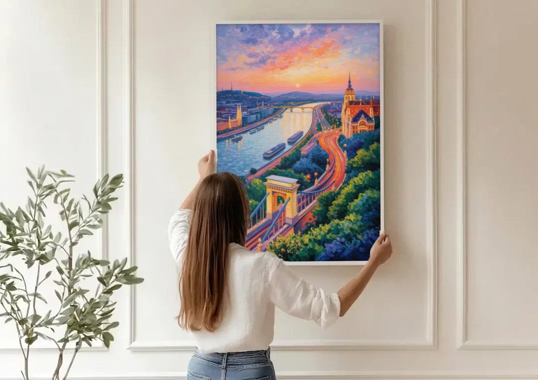 Gellért Hill Sunset canvas wall art being hung on a paneled wall