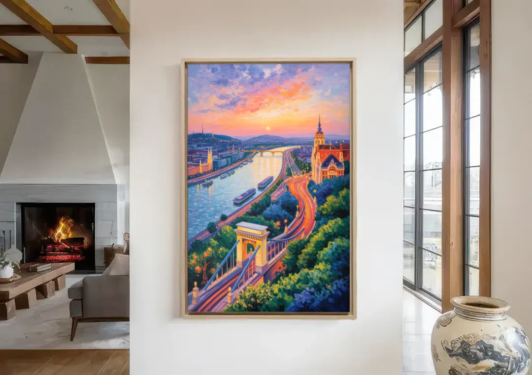 Gellért Hill Sunset canvas wall art in a living room with a fireplace