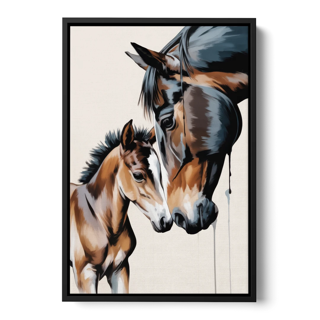 Gentle Horse and Foal Bonding - Black Framed Canvas Wall Art - Front