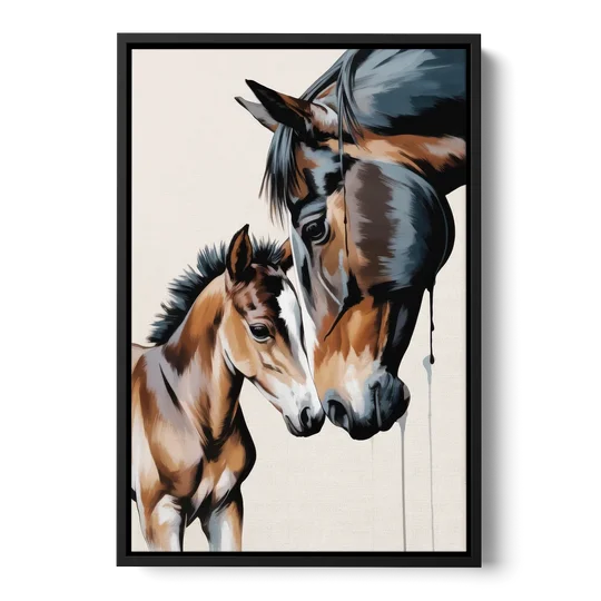 Gentle Horse and Foal Bonding - Black Framed Canvas Wall Art - Front