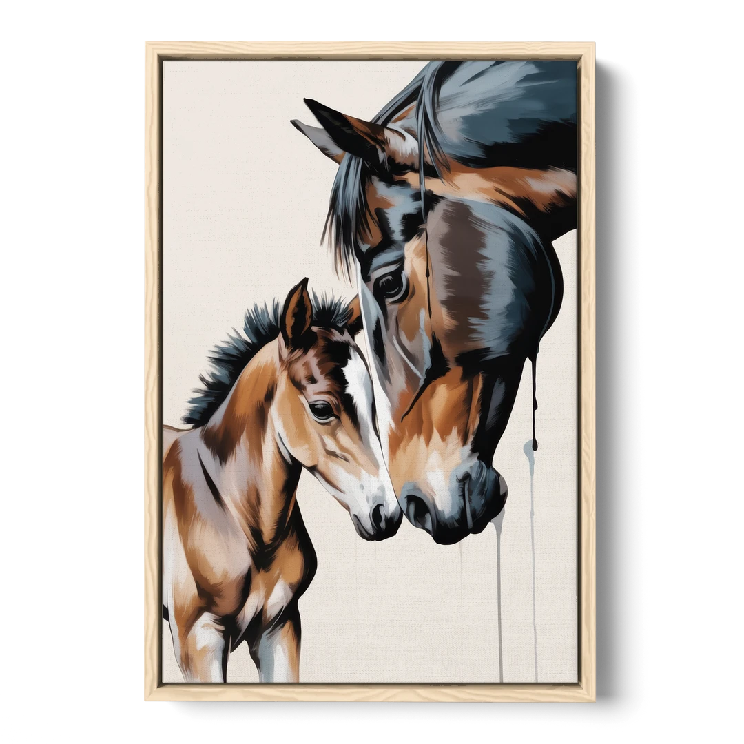 Gentle Horse and Foal Bonding - Oak Framed Canvas Wall Art - Front