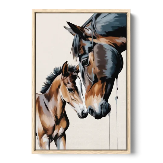 Gentle Horse and Foal Bonding - Oak Framed Canvas Wall Art - Front