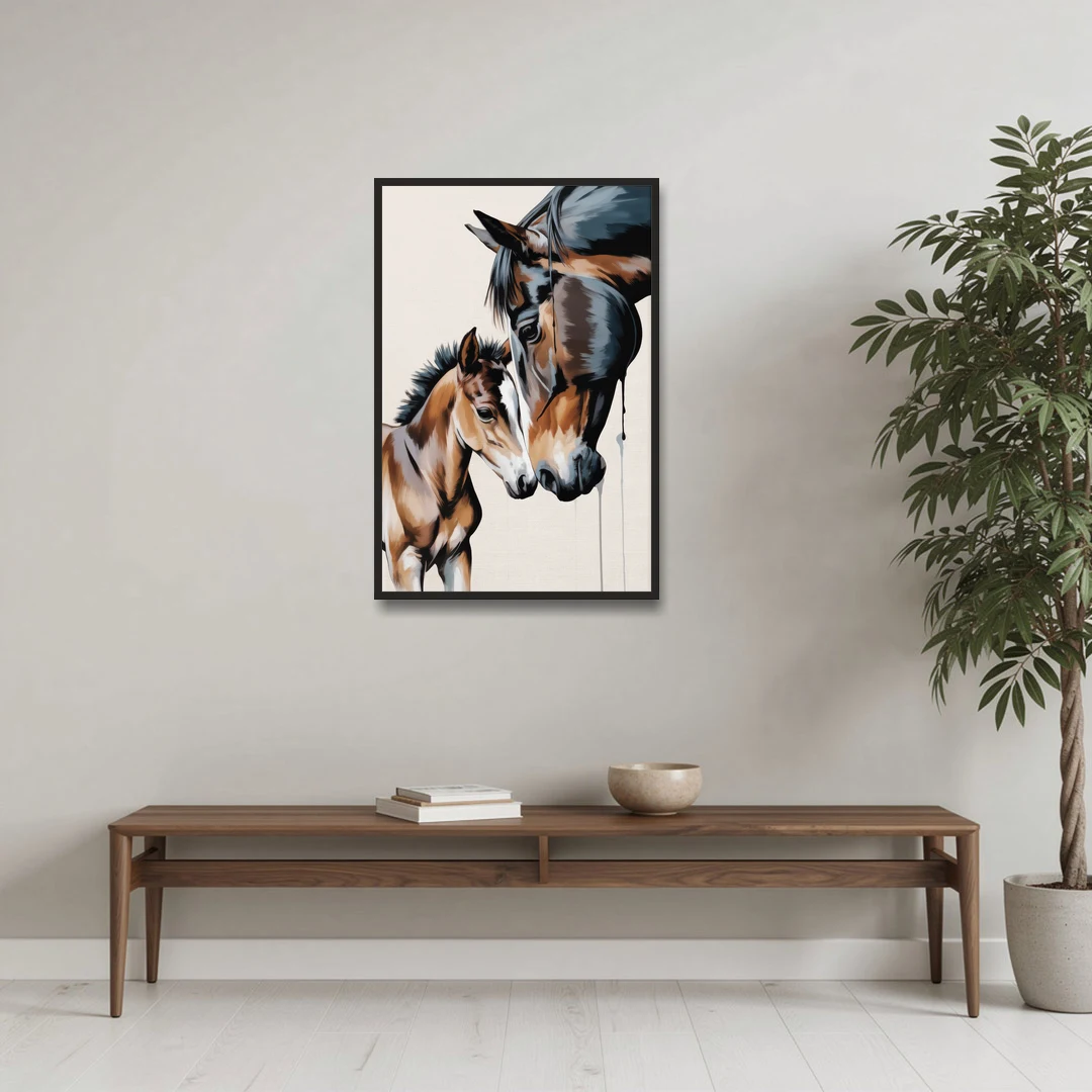 Gentle Horse and Foal Bonding - Black Framed Canvas Wall Art - Coffee Table - 24x36