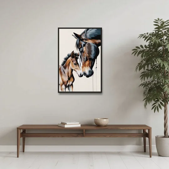 Gentle Horse and Foal Bonding - Black Framed Canvas Wall Art - Coffee Table - 24x36