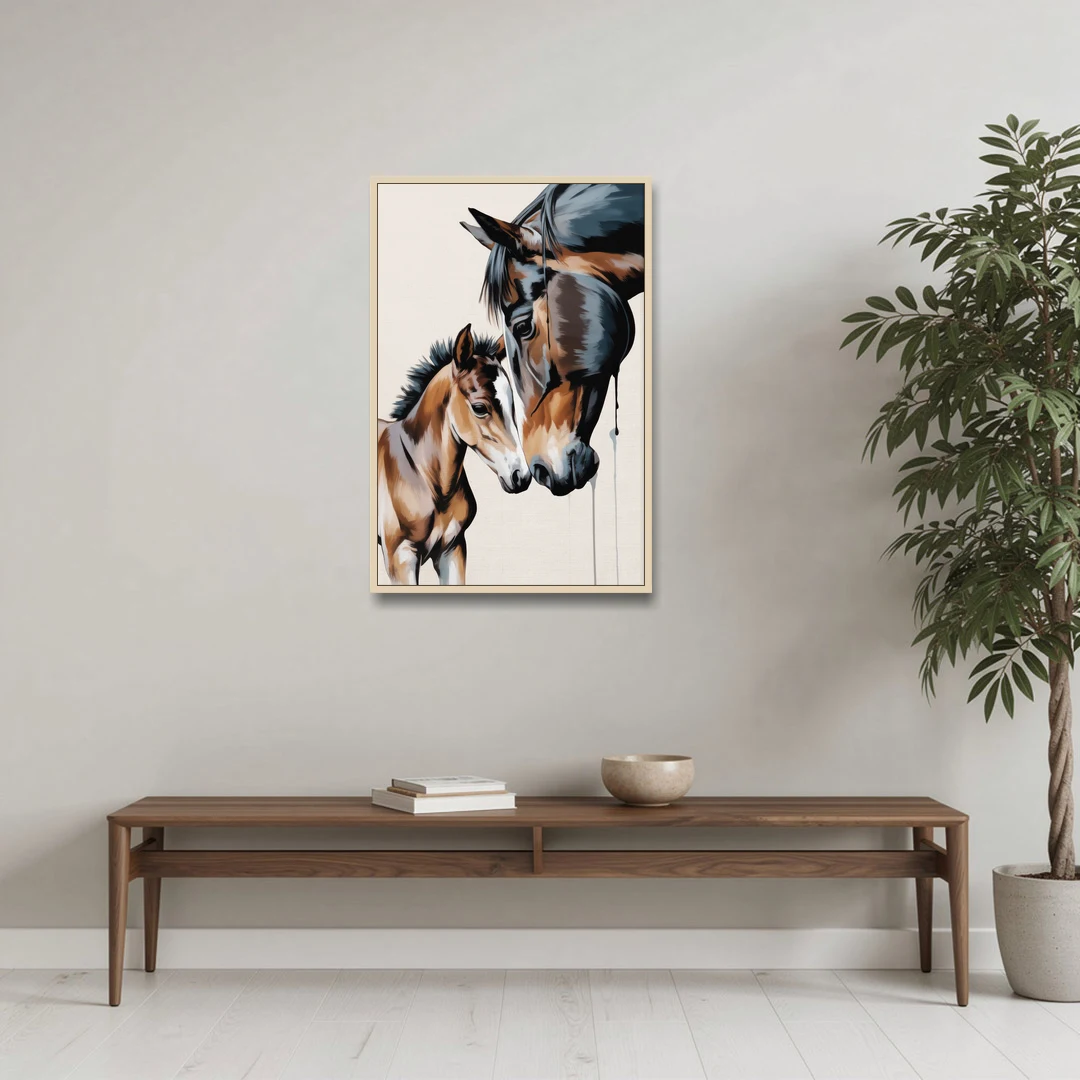 Gentle Horse and Foal Bonding - Oak Framed Canvas Wall Art - Coffee Table - 24x36