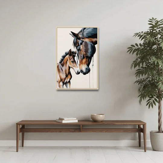 Gentle Horse and Foal Bonding - Oak Framed Canvas Wall Art - Coffee Table - 24x36