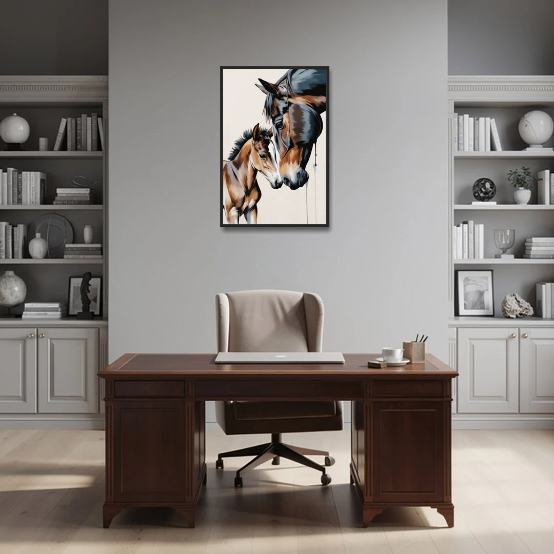 Gentle Horse and Foal Bonding - Black Framed Canvas Wall Art - Office - 24x36