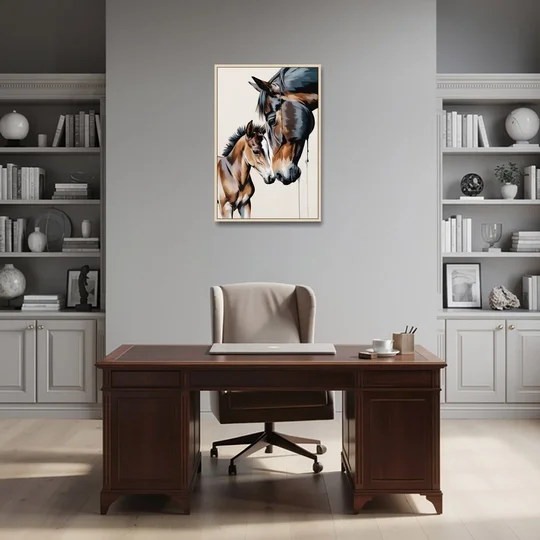 Gentle Horse and Foal Bonding - Oak Framed Canvas Wall Art - Office - 24x36
