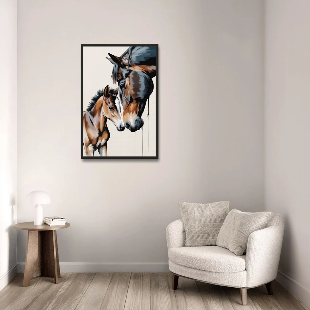 Gentle Horse and Foal Bonding - Black Framed Canvas Wall Art - Sofa - 24x36