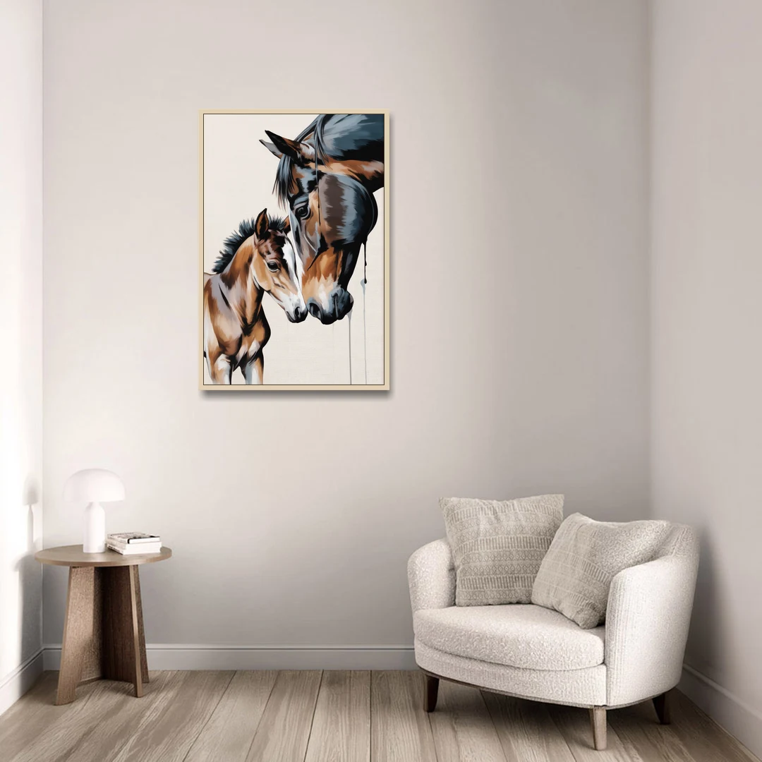 Gentle Horse and Foal Bonding - Oak Framed Canvas Wall Art - Sofa - 24x36