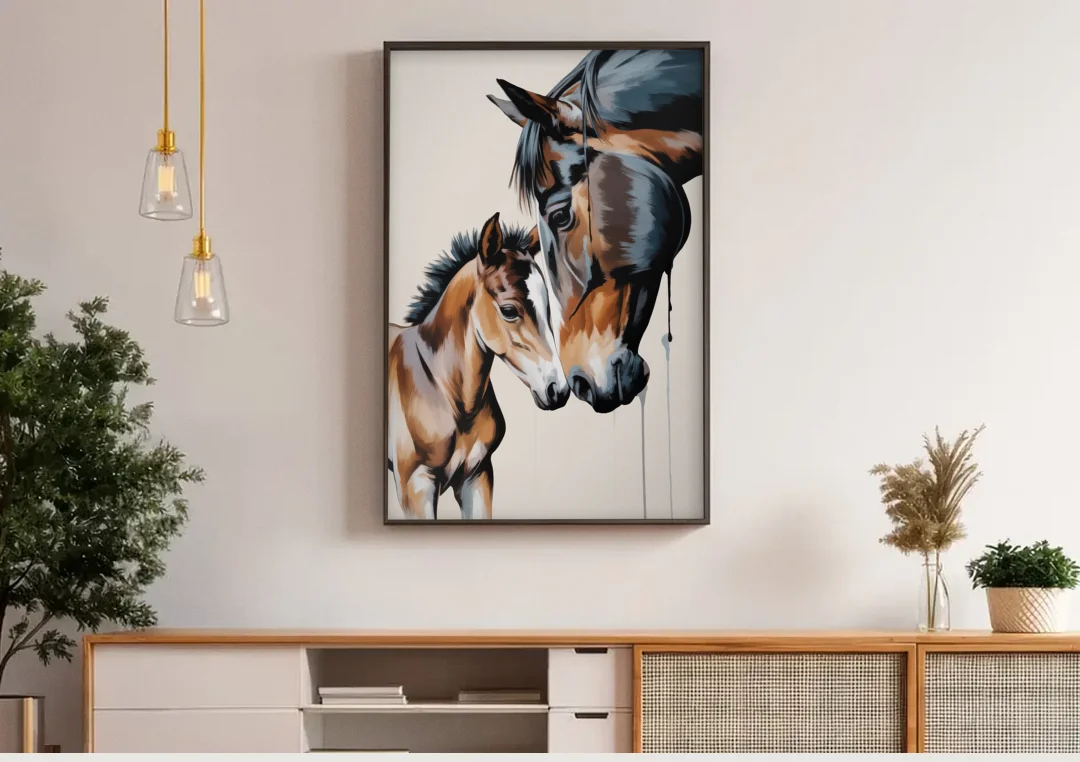 Gentle Horse and Foal Bonding canvas wall art above a wooden sideboard under pendant lights