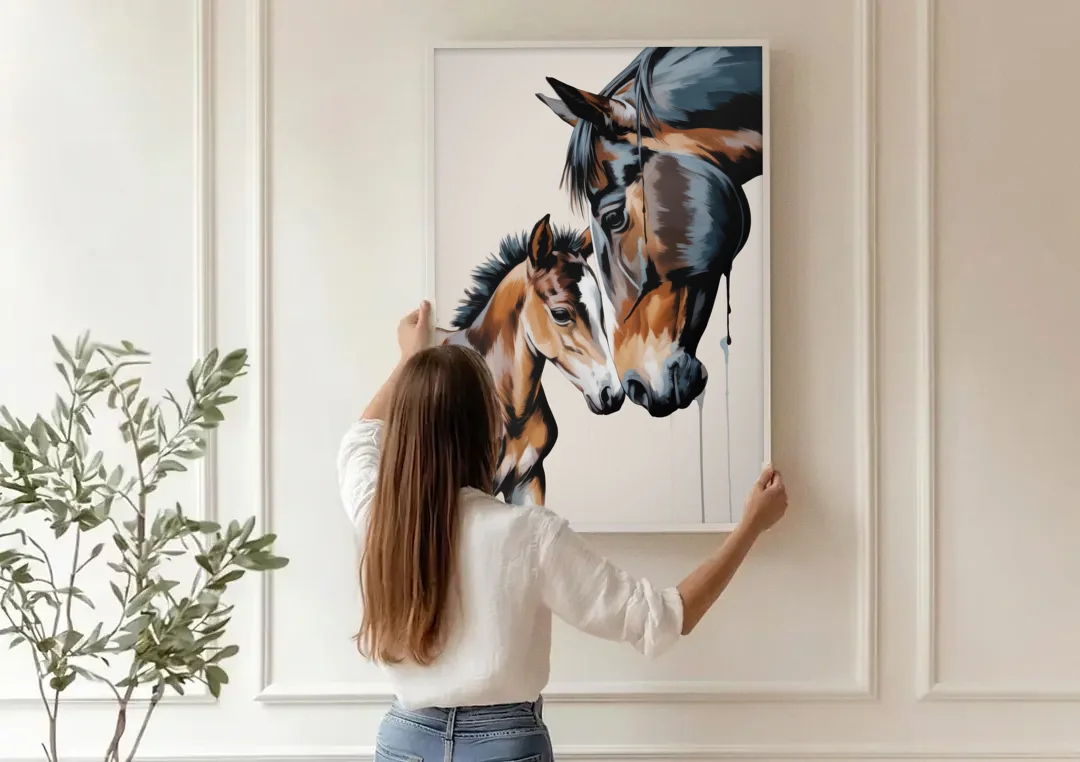 Gentle Horse and Foal Bonding canvas wall art being hung on a paneled wall