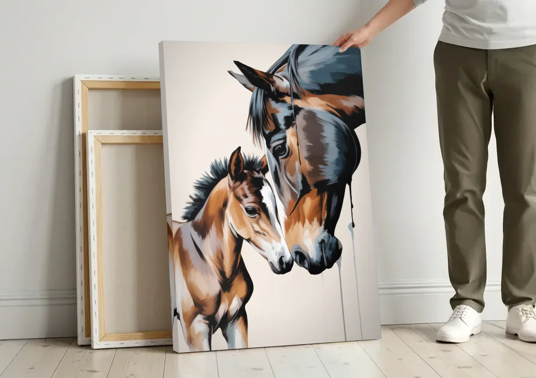 Gentle Horse and Foal Bonding canvas wall art leaning against a wall next to blank canvases