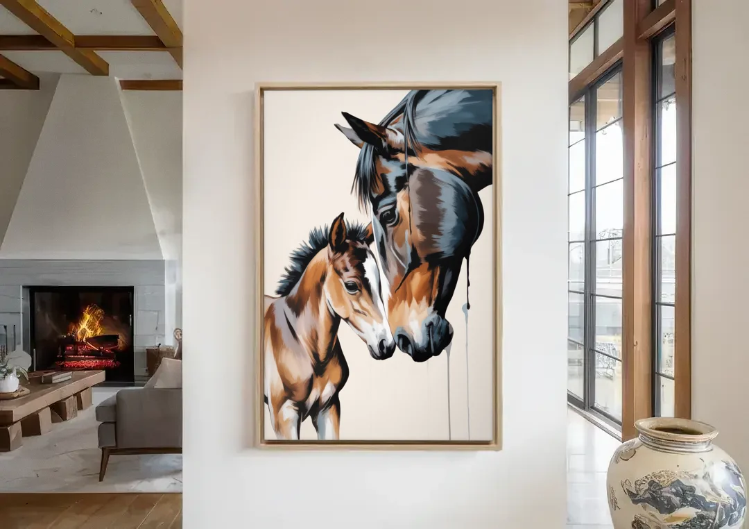 Gentle Horse and Foal Bonding canvas wall art in a living room with a fireplace